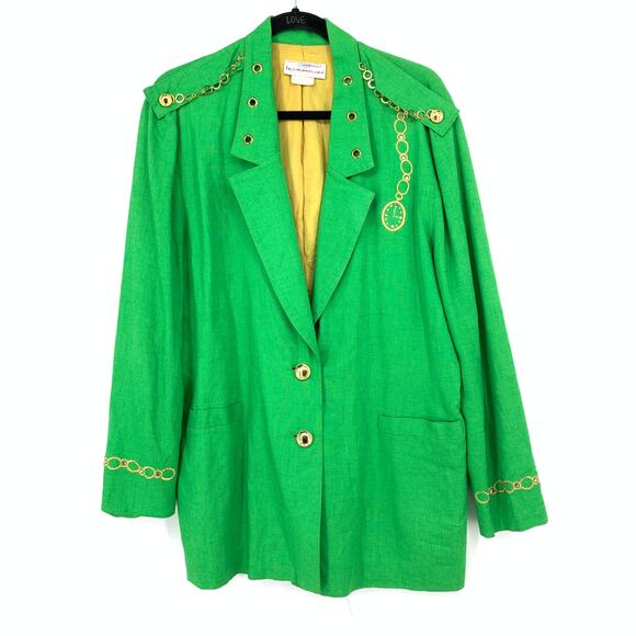 I.Magnin Jackets & Blazers - VTG I. Magnin Blazer Womens L/XL Green Gold Chain Detail Pocket Watch Embroidery